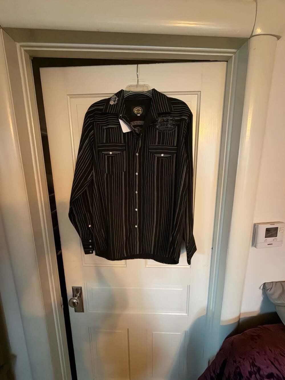 Oro Men's Black Pinstripe Western Button-Down Shirt with Graphic Embroidery